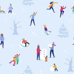 Winter season illustration Background with people skiing, ice skating, sledding. Christmas and New Year Holiday seamless pattern for design, wrapping paper, invitation, greeting card, poster. Vector.