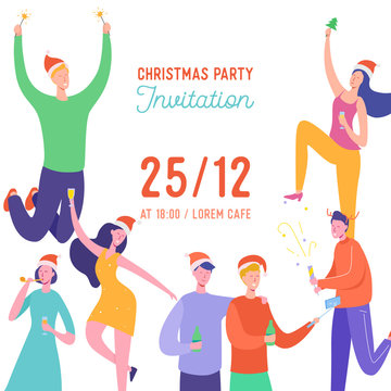 Xmas Card or Invitation Poster. People characters having a party, friends and family dancing, women and men celebrating Merry Christmas and Happy New Year night to place text. Vector illustration