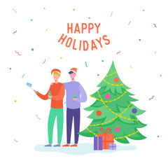 Xmas Party Card or Invitation Poster. People characters dancing, women and men celebrating Merry Christmas and Happy New Year night. Vector illustration