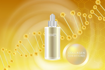 Beauty product ad design, gold cosmetic container with collagen solution advertising background ready to use, luxury skin care banner, illustration vector.	