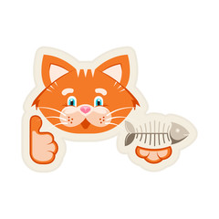 Vector illustration. Sticker. Orange funny cat with fish bone. G