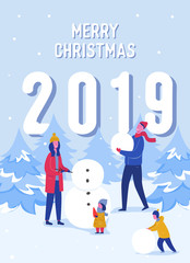 Fototapeta na wymiar Xmas Party Card or Invitation Poster. Family of mom, dad, children building snowman, People characters celebrating Merry Christmas and Happy New Year night, Winter Season Holiday. Vector illustration