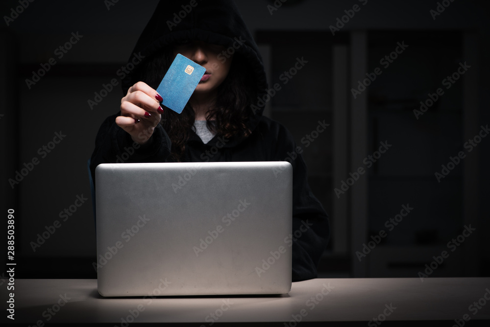 Poster female hacker hacking security firewall late in office