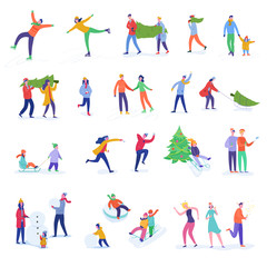 Set of People Family characters dancing, celebrating, playing snowball, skiing. Merry Christmas and Happy New Year night. Winter Xmas Party women and men template. Vector illustration