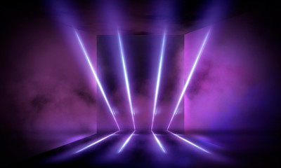 Fototapeta na wymiar Empty stage background in purple color, spotlights, neon rays. Abstract background of neon lines and rays. Abstract background with lines and glow. Empty stage the reflection of neon lights.