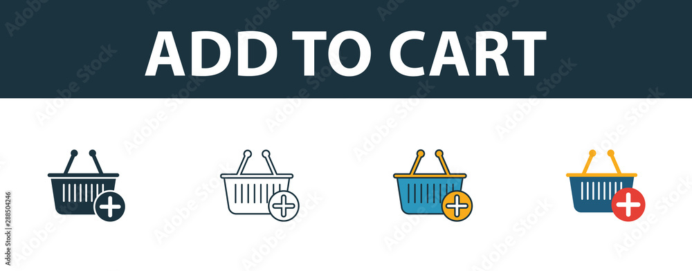 Poster add to cart icon set. four elements in diferent styles from online marketing icons collection. creat