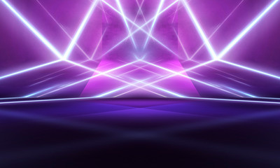 Empty stage background in purple color, spotlights, neon rays. Abstract background of neon lines and rays. Abstract background with lines and glow. Empty stage the reflection of neon lights.