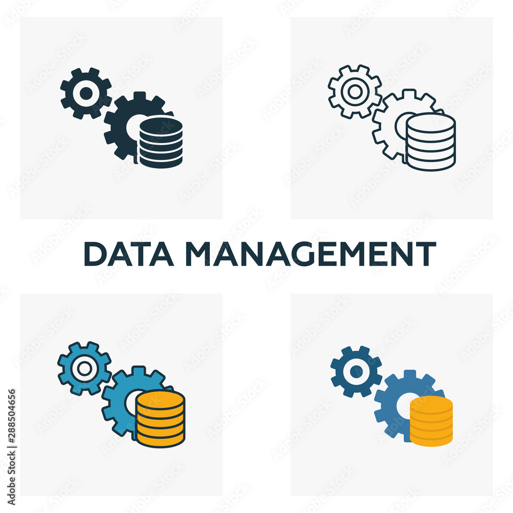 Poster data management icon set. four elements in diferent styles from industry 4.0 icons collection. creat