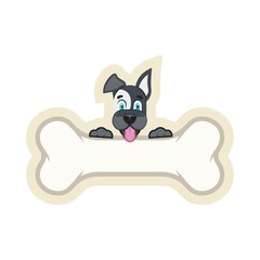 Vector logo. The dog holds the bone. Sticker. Concept of pet label template for text advertising.