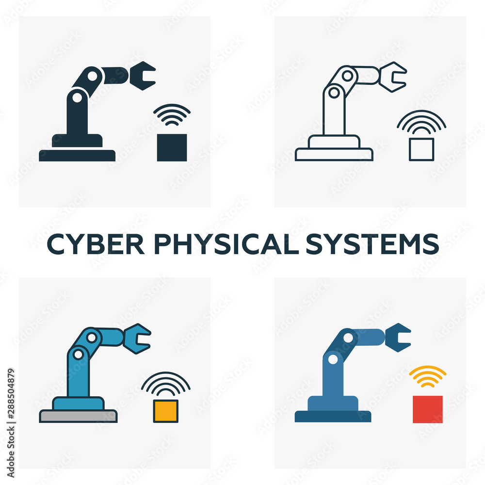 Poster cyber physical systems icon set. four elements in diferent styles from industry 4.0 icons collection