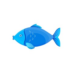 Vector graphic cartoon illustration. Blue fish. Sea fish isolated on white background. Concept illustration for logo of pet shop or pet staff, emblem for advertising, trademark.