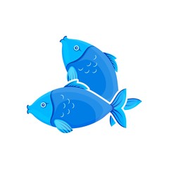 Vector graphic cartoon illustration. Two crossed blue fishes. Sea fish isolated on white background. Concept illustration for logo of pet shop or pet staff, emblem for advertising, trademark.