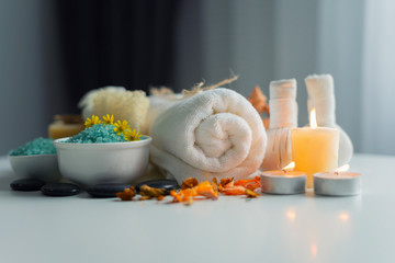 Composition of spa and wellness products on table