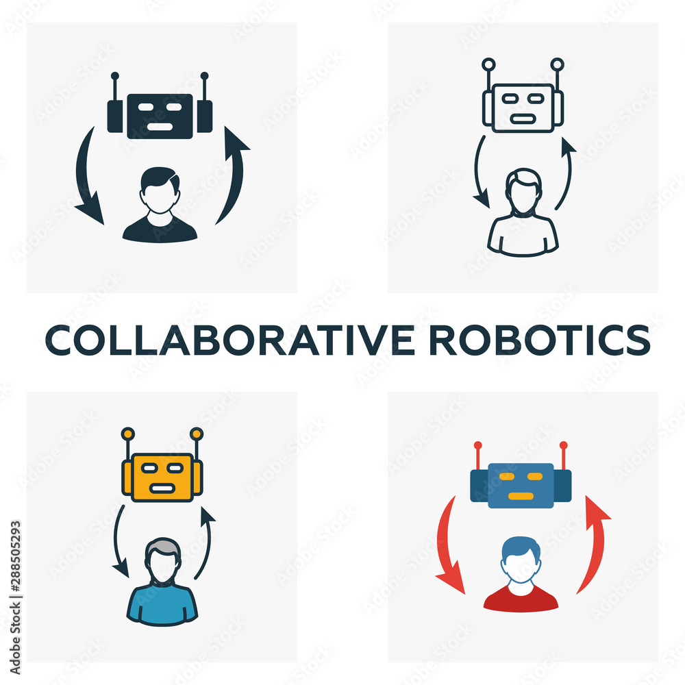 Poster collaborative robotics icon set. four elements in diferent styles from industry 4.0 icons collection