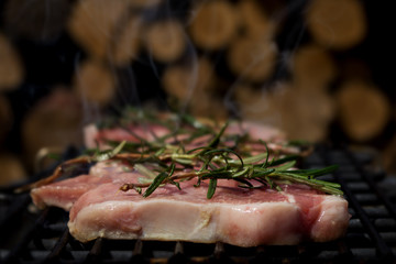 Pork Steaks With Rosemary Grilling on a Hot Barbecue