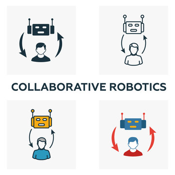 Collaborative Robotics Icon Set. Four Elements In Diferent Styles From Industry 4.0 Icons Collection. Creative Collaborative Robotics Icons Filled, Outline, Colored And Flat Symbols