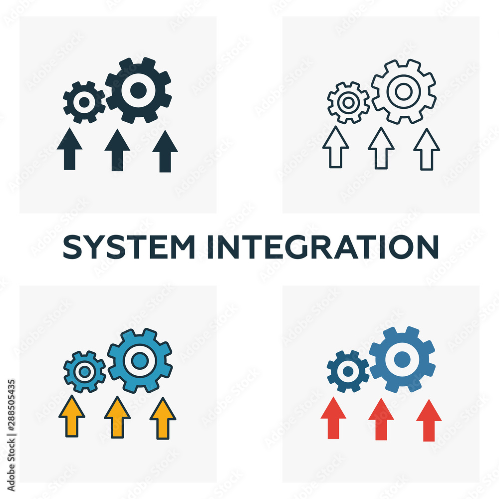 Poster system integration icon set. four elements in diferent styles from industry 4.0 icons collection. cr