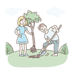 Volunteering, charity social concept. Volunteer team of young people planting new tree in park, vector flat illustration. Ecological lifestyle. 