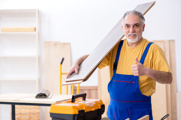 Old male carpenter working in workshop