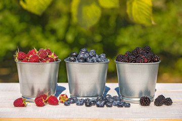 fresh berries in bucket, summer harvest season