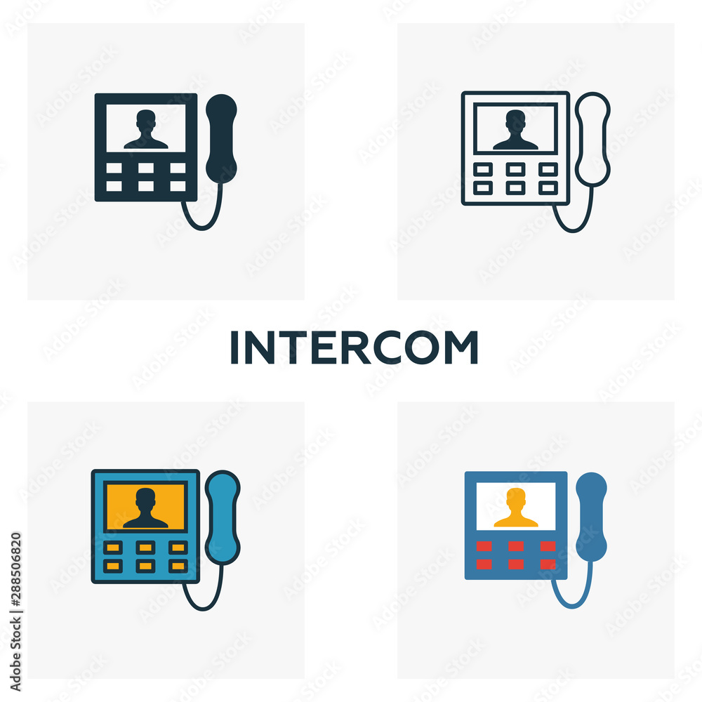 Poster intercom icon set. four elements in diferent styles from household icons collection. creative interc