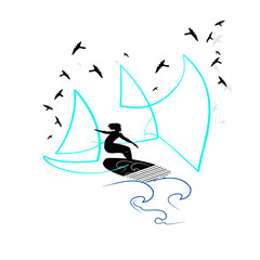 Illustrations on Illustrations on the theme of windsurfing and summer. Windsurfing and summer theme. Man athlete
