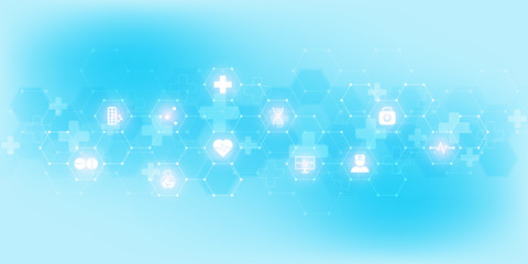 Abstract medical background with flat icons and symbols. Template design with concept and idea for healthcare technology, innovation medicine, health, science and research.