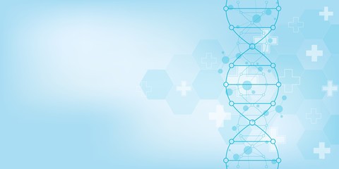 DNA strand and molecular structure. Genetic engineering or laboratory research. Background texture for medical or scientific and technological design.