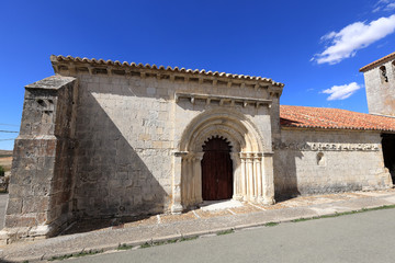 Fototapeta na wymiar Romanesque church of San Bartolomé, portico and monthly. Campisábalos (Guadalajara, Spain)