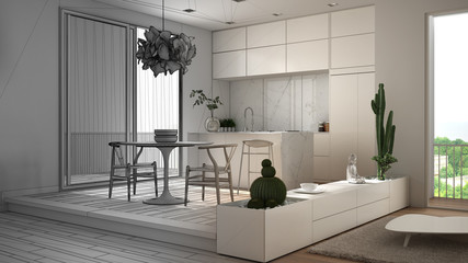 Architect interior designer concept: unfinished project that becomes real, kitchen with dining table, succulent plants, parquet floor, window, architecture interior design