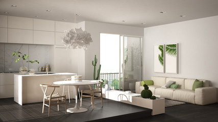 Eco green interior design, white and gray living room with sofa, kitchen, dining table, succulent potted plants, parquet floor, window on panoramic balcony. Sustainable architecture