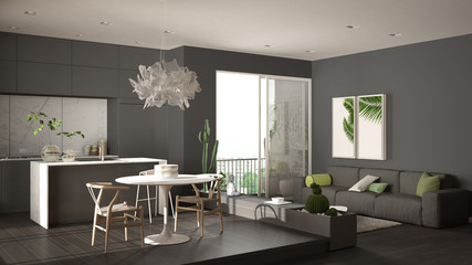 Eco green interior design, gray living room with sofa, kitchen with dining table, succulent potted plants, parquet floor, window on panoramic balcony. Sustainable architecture