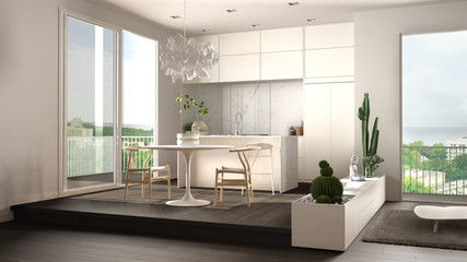 Eco green interior design, white and gray living room with sofa, kitchen, dining table, succulent potted plants, parquet floor, window on panoramic balcony. Sustainable architecture