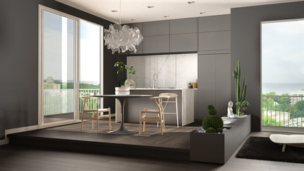 Eco green interior design, gray living room with sofa, kitchen with dining table, succulent potted plants, parquet floor, window on panoramic balcony. Sustainable architecture