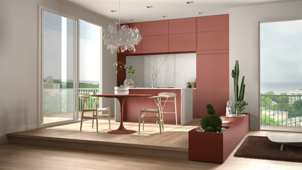 Eco green interior design, white and red living room with sofa, kitchen, dining table, succulent potted plants, parquet floor, window on panoramic balcony. Sustainable architecture