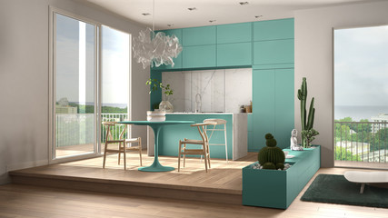 Eco green interior design, white and turquoise living room with sofa, kitchen, dining table, succulent plants, parquet floor, window on panoramic balcony. Sustainable architecture