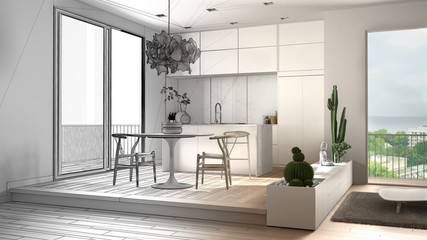 Architect interior designer concept: unfinished project that becomes real, living room, kitchen, dining table, succulent plants, parquet floor, window, architecture interior design