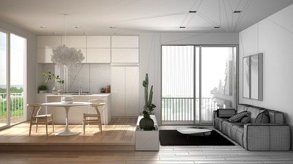 Architect interior designer concept: unfinished project that becomes real, living room, kitchen, dining table, succulent plants, parquet floor, window, architecture interior design