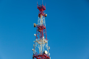 4G and 5G Cell site, communication mast, satellite communication antenna, Development of communication systems in urban area.copy space