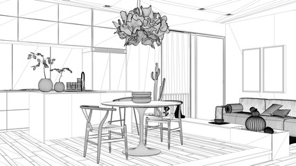 Blueprint project draft, living room with sofa, kitchen, dining table, succulent potted plants, parquet floor, window, panoramic balcony, modern architecture concept idea