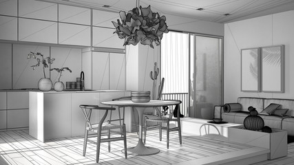 Unfinished project of living room with sofa, kitchen, dining table, succulent potted plants, parquet floor, window, panoramic balcony, modern architecture concept interior design