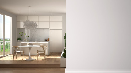 Modern white and wooden kitchen with dining table on a foreground wall, interior design architecture idea, concept with copy space, blank backgroundv