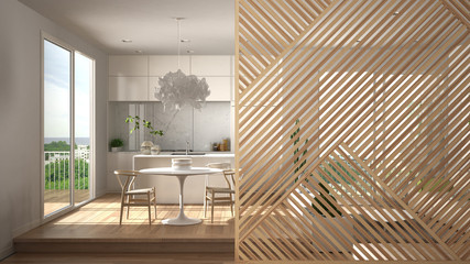 Wooden panel close-up, modern kitchen with big window, parquet floor. Minimalist zen interior design concept idea, contemporary architecture templatev