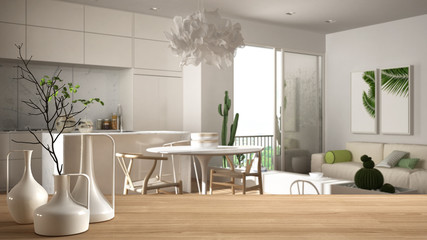 Wooden table top or shelf with minimalistic modern vases over blurred modern white living room with wooden details and parquet floor, minimalist architecture interior design