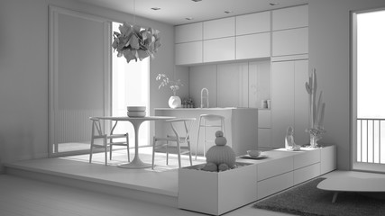 Total white project of eco green interior design, kitchen with dining table, succulent potted plants, parquet floor, window on panoramic balcony. Sustainable architecture