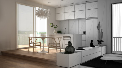 Architect interior designer concept: unfinished project that becomes real, kitchen with dining table, succulent plants, parquet floor, window, architecture interior design