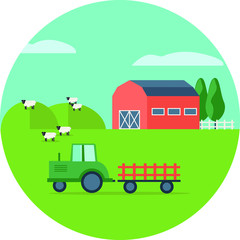Agriculture and Farming. Rural landscape. Red farm house. Green tractor. Hills and fruit trees. Vector illustration.