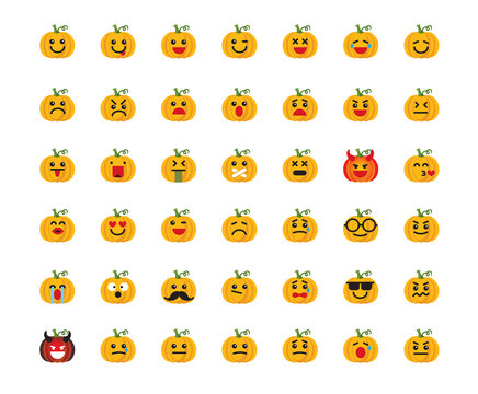 Collection of pumpkins emoticons. Set of Halloween emojis. Emotions of pumpkins. Emoji art. Flat image design. Feeling on the face. Isolated vector illustration on white background.