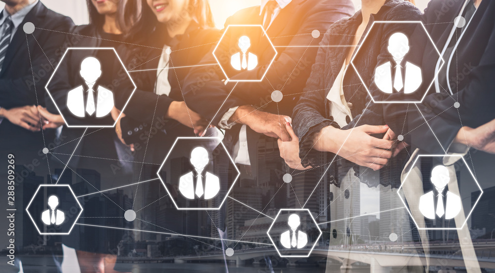Poster human resources recruitment and people networking concept. modern graphic interface showing professi