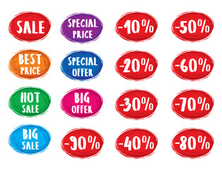 Colorful labels and stickers set. Collection symbols in grunge style such as Sale, Special offer, Special price, Hot sale, Best price, Big sale, Big offer, 10,20,30, 40, 50, 60, 70, 80, 90 off. Vector